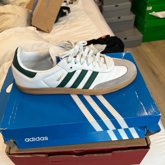 Adidas Men's White and Gray Sneakers with Green Stripes - Picture 2 of 3